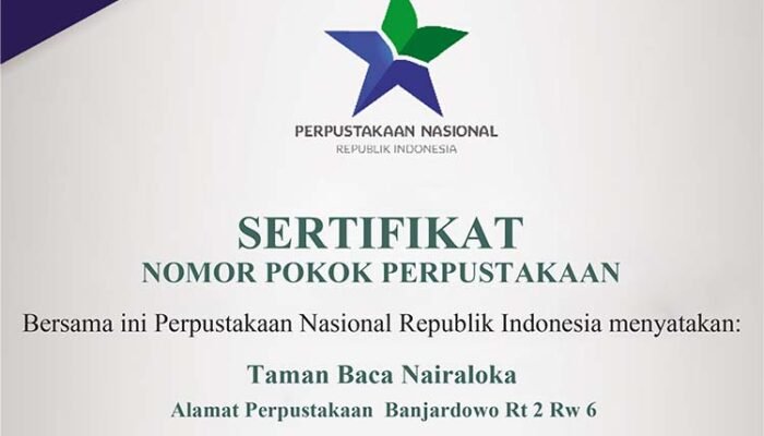 Taman Baca Nairaloka Resmi Terdaftar dengan Nomor Pokok Perpustakaan (NPP)